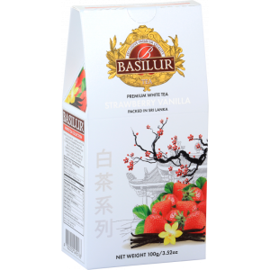 Herbata Basilur White Tea Strawberry Vanilla 100g stożek - biała liściasta z truskawką i płatkami kwiatów