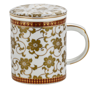 Porcelanowy Kubek z Zaparzaczem i Pokrywką 500 ml - orientalny biały