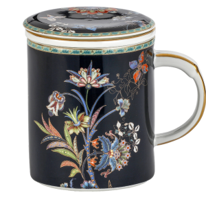 Porcelanowy Kubek z Zaparzaczem i Pokrywką 500 ml - czarny w orientalne kwiaty