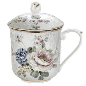 Porcelanowy Kubek z Zaparzaczem i Pokrywką 400 ml - biały w kwiaty