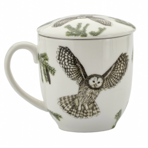 Porcelanowy Kubek Ptaki Polski Puszczyk Uralski 380ml - z zaparzaczem i pokrywką