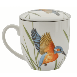 Porcelanowy Kubek Ptaki Polski Zimorodek 380ml - z zaparzaczem i pokrywką