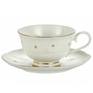 Komplet dwóch filiżanek ze spodkami - porcelana kostna, delikatny złoty wzór
