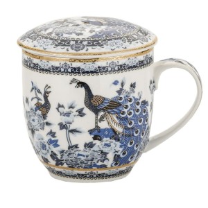 Porcelanowy Kubek z Zaparzaczem i Pokrywką 325 ml - Niebieskie Pawie