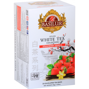 Herbata Basilur White Tea Strawberry Vanilla 20 kopert - biała z truskawką i płatkami kwiatów 