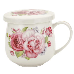 Porcelanowy Kubek z Zaparzaczem i Pokrywką 320 ml - Różowe róże