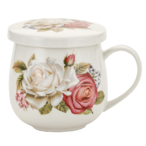 Porcelanowy Kubek z Zaparzaczem i Pokrywką 320 ml - Białe i różowe róze