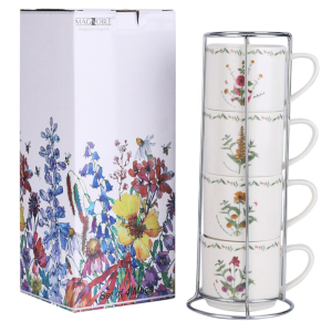 Zestaw czterech kubków 330ml w stojaku - porcelana z kwiatowym motywem