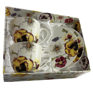 Komplet dwóch filiżanek ze spodkami w bratki - porcelana z ozdobnym motywem