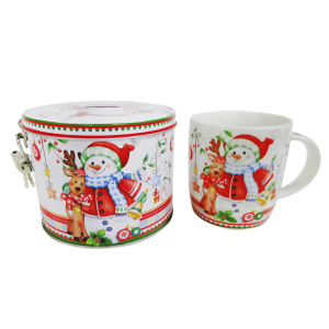 Porcelanowy Kubek 360 ml Świąteczny z Bałwankiem i Reniferem, z puszką skarbonką